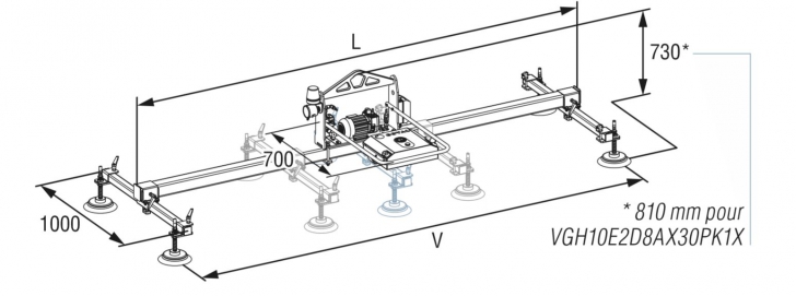 schéma d'un palonnier à ventouses horizontal COVAL, VACUOGRIP série VGH (encombrements - réglages)