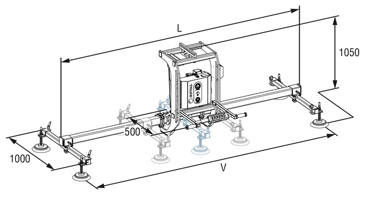 plan d'encombrement d'un palonnier à ventouses COVAL, VACUOGRIP série VGR, permettant la manipulation par le vide et le pivotement 90° de charges de 100 à 500 kg - tôle - panneaux